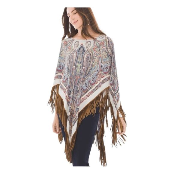 Chico's Paisley Triangle Brown Fringe Poncho Multi Color Paisley Print Satin OS - Picture 1 of 8